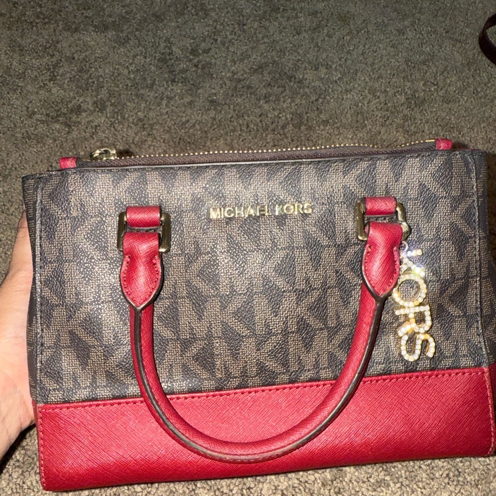 Michael Kors Red and Brown Satchel with Gold Accents